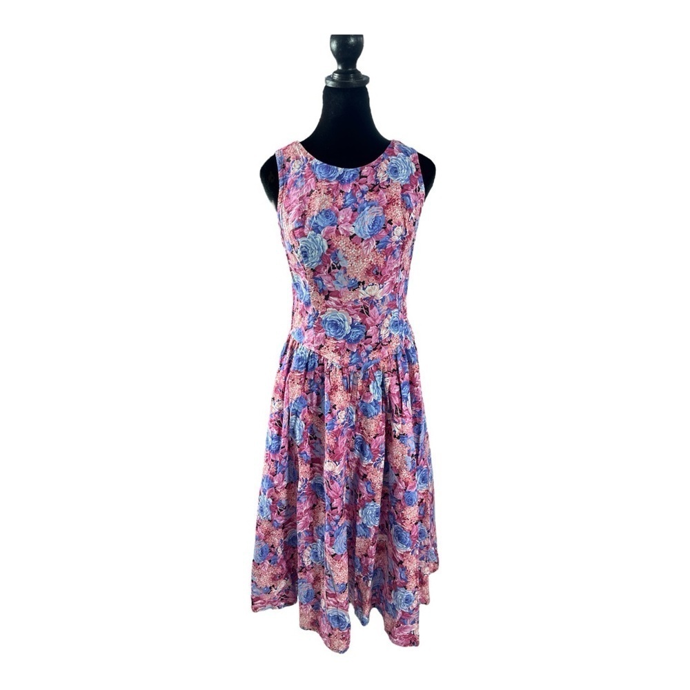 Vintage Eber Floral Coquette Cottagecore Pink & Blue Sleeveless Dress Size 9 M